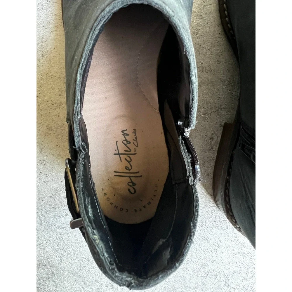 Clarks Camzin Women Short Black Leather‎ Ankle Booties Zip Buckle 7.5 Comfort
